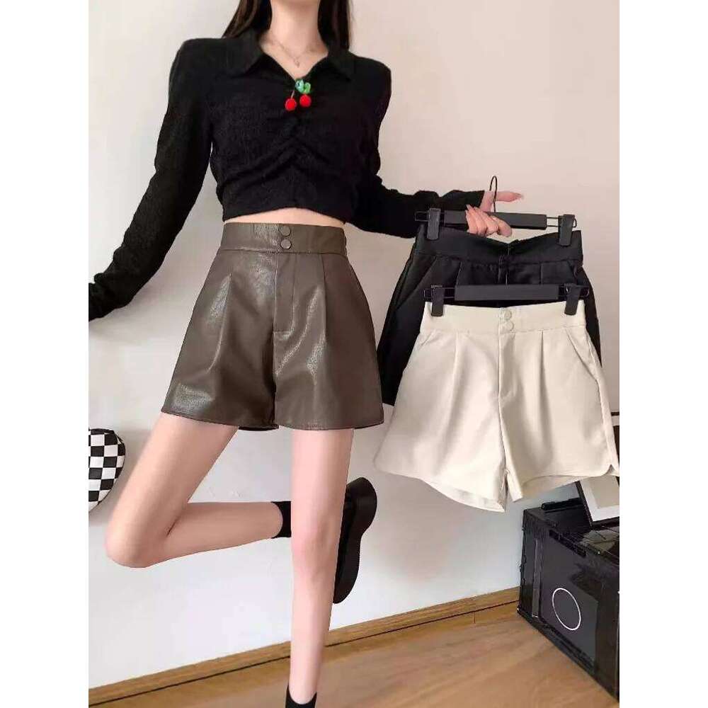 Black Leather Shorts Women's Autumn Outerwear High Waist Slimming Loose Wide Leg Pants Trendy Casual Comfortable XJ260206