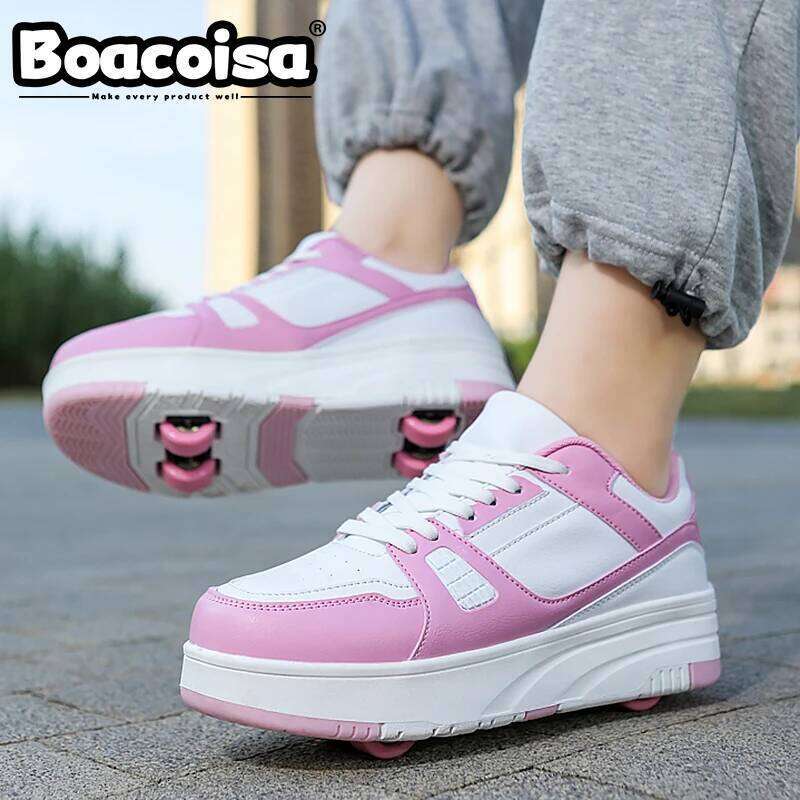 Boacoisa 4 Wheel Skate Shoes foy Boys Girls Walking Casual Outdoor Sports Slide Shrink School Students Pulleys Sneakers 26Y0206