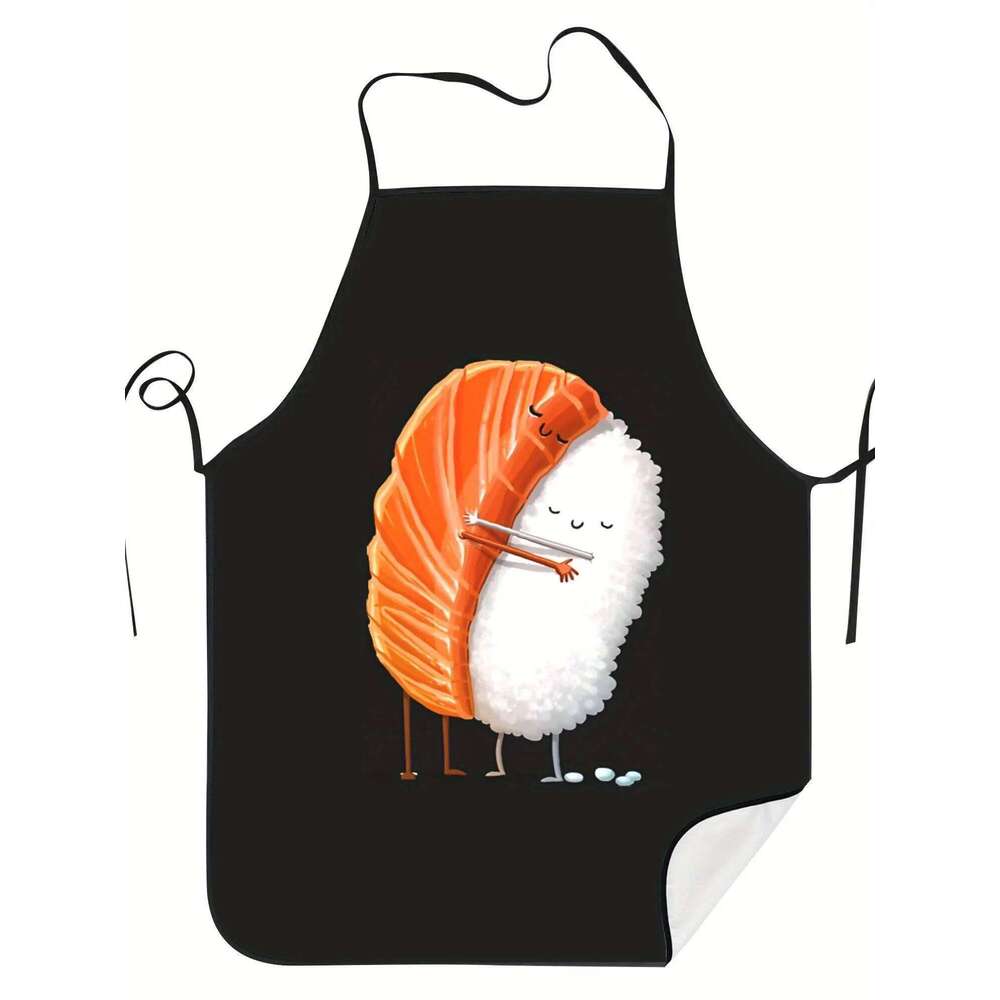 Hug Vintage-Style Apron - Black with Whimsical Sushi Design, Durable & Comfortable for Cooking, Grilling, BBQ S260205