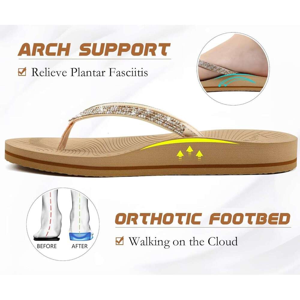 Women's Rhinestone Flip Flops With Comfort Arch Support Yoga Mat Cushion Sandals Fashion Summer Beach Travel Orthotic Walking Thong Sandles Slip 