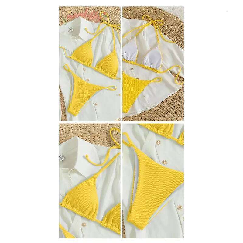 Special Pit Stripe Fabric Set Women Sexy Simple Solid Halter Bikini Swimsuit High Waisted Lace Up Beach Bathing Suit Z260206