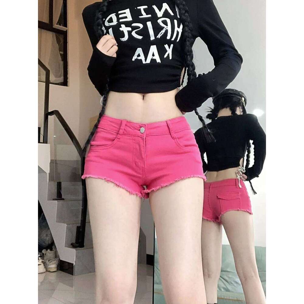 rose red sexy denim super short women's low waist slim tight jeans y2k shorts hot pants C260206