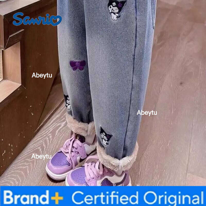 Sanrio Hello Kitty Kuromi Jeans Fleece-Lined Thickened Warm Cartoon New for Girls Baby Children Winter Fashionable Denim Pants H260206