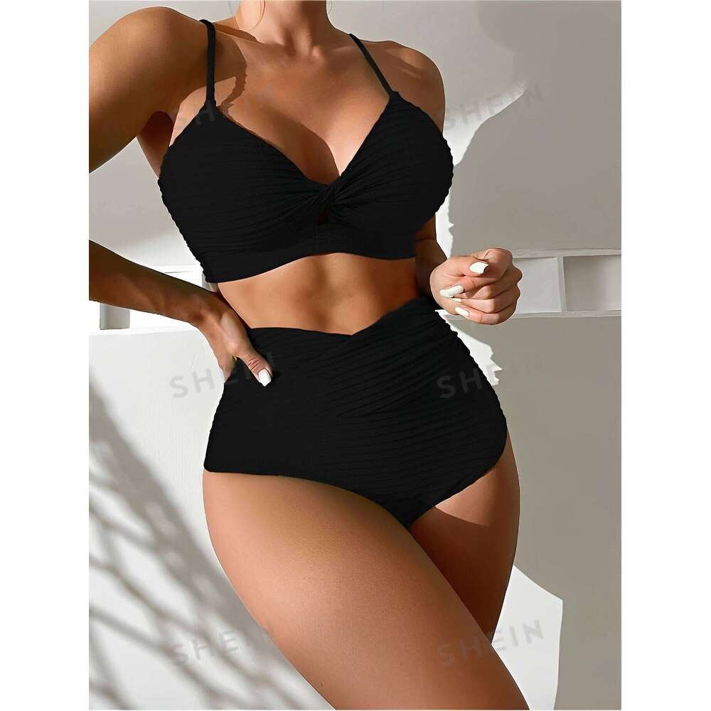 2025 High Waist Bikini Women Strappy Swimwear Female Sexy Swimsuit Solid Bathers Bathing Swimming Swim Suit Beachwear Summer XJ260206