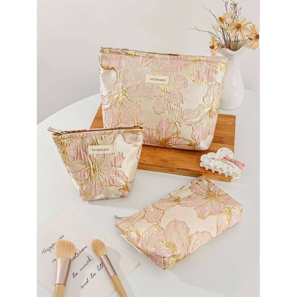 1pc/set Gold flower cute travel toiletries clutch bag, portable makeup bag Y260206