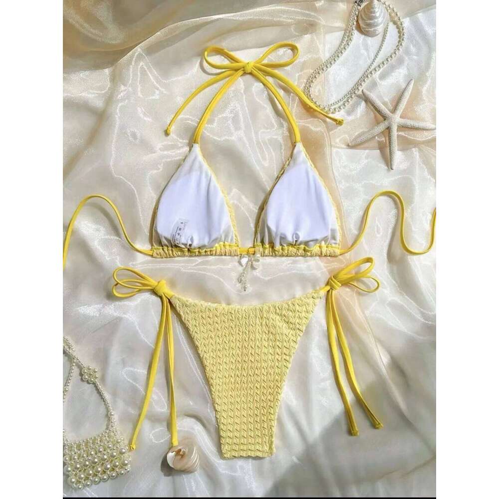sexy yellow bow pendant women's bikinis sets two pieces halter tie swimsuit beachwear bathing suit swimwear biquini trikini Z260206