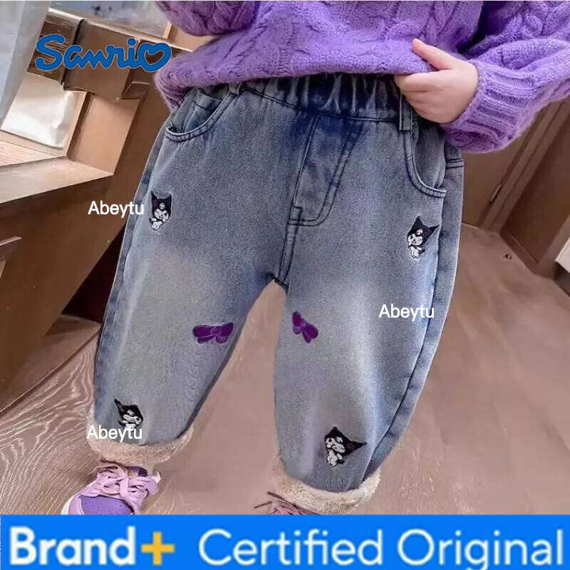 Sanrio Hello Kitty Kuromi Jeans Fleece-Lined Thickened Warm Cartoon New for Girls Baby Children Winter Fashionable Denim Pants H260206