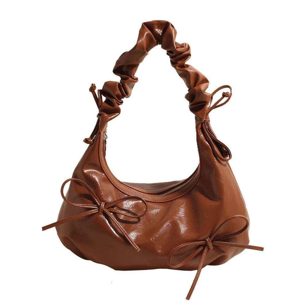 Bow Design PU Leather Shoulder for Women Pleated Cloud Bubble Small Handbag 2025 New Zipper Crescent Chic Hobo Bag Y260205