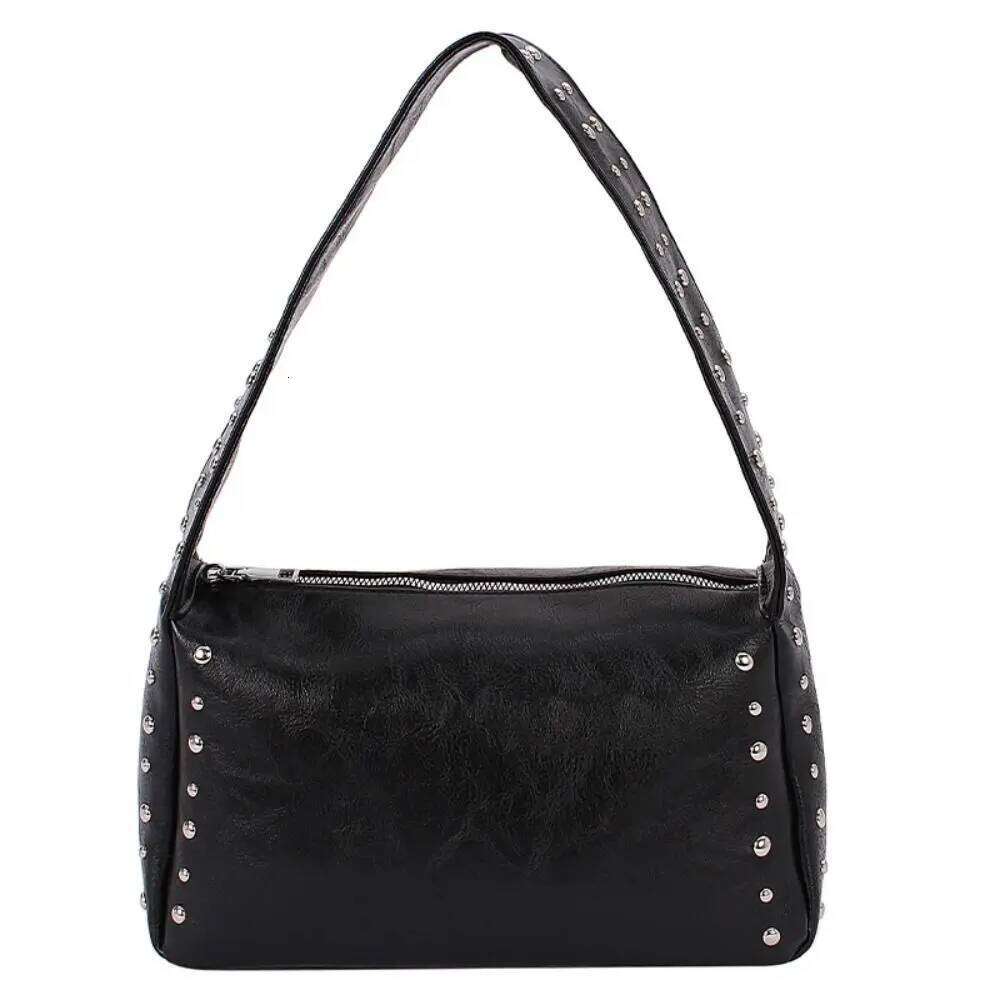 Fashion Spicy Girl Style Retro Rivet Handbag Leisure French Pillow Underarm Punk Solid Color Commuting Shoulder Bag Women Y260205
