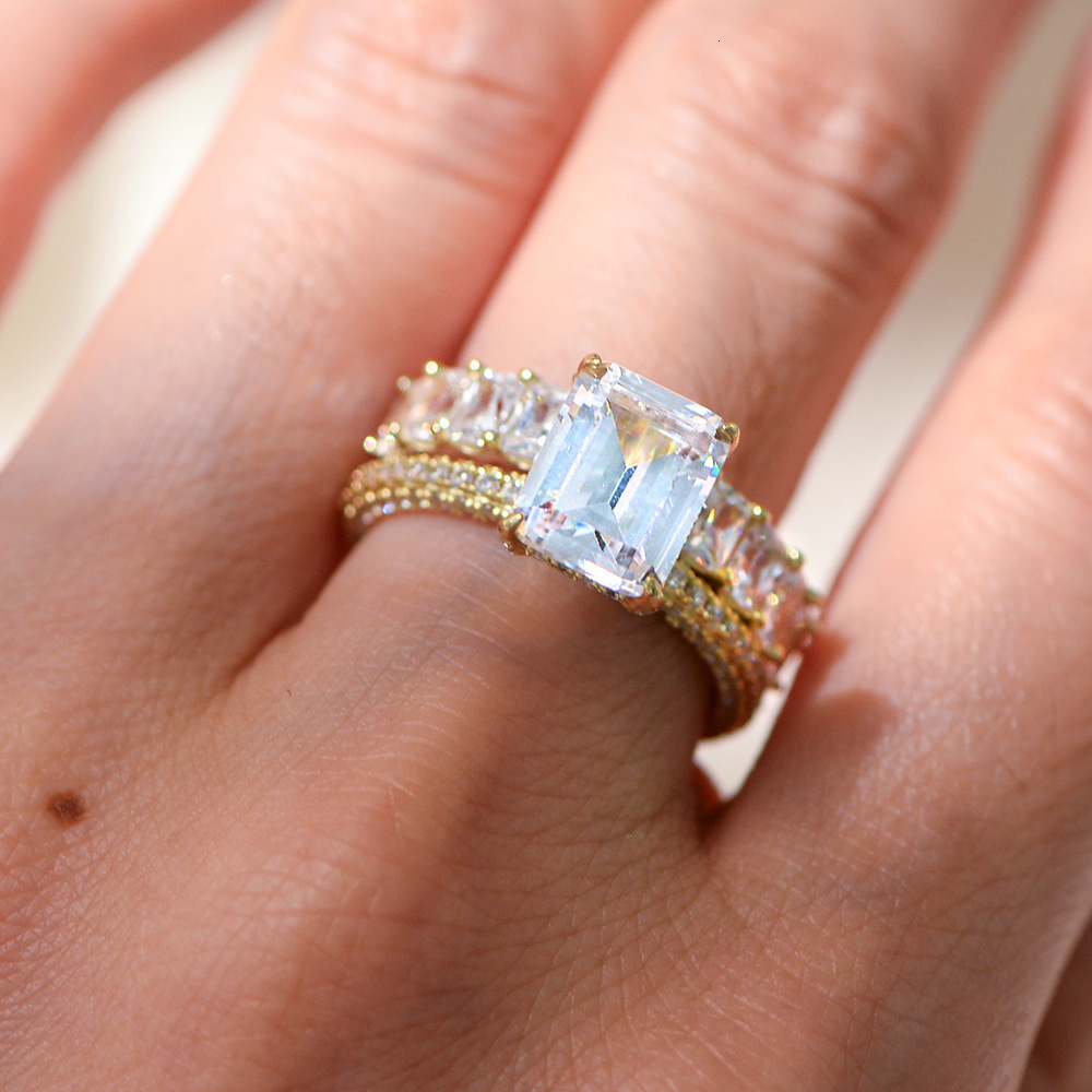 S925 Sterling Silver Full Diamond Hot Sale Geometric Square Zircon Combination Set Ring Jewelry