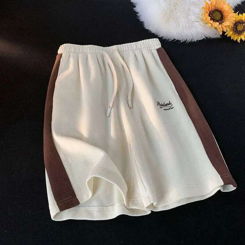 Y2K Letter Embroidery Striped Women Fashion Streetwear Jogging Sport Bf High Waist Loose All-Match Wide Leg Shorts XJ260206