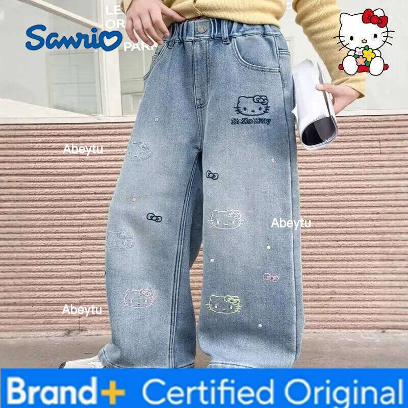 Sanrio Hello Kitty Girl Jeans Kawaii Y2K Anime Children's Clothing Clothes Pants Kids Winter Outerwear Soft Denim Straight Leg H260206