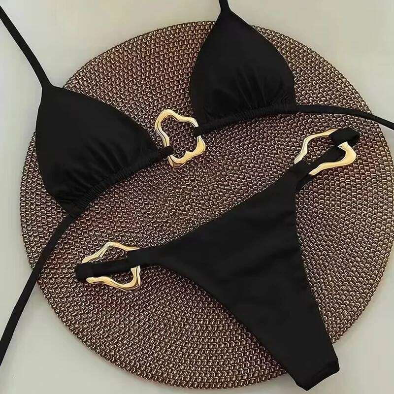 Sexy Solid Color Halter String Triangle Two Piece Bikini Trendy Metal Buckle For Women Summer Beach Lace-up Swimsuit Z260206