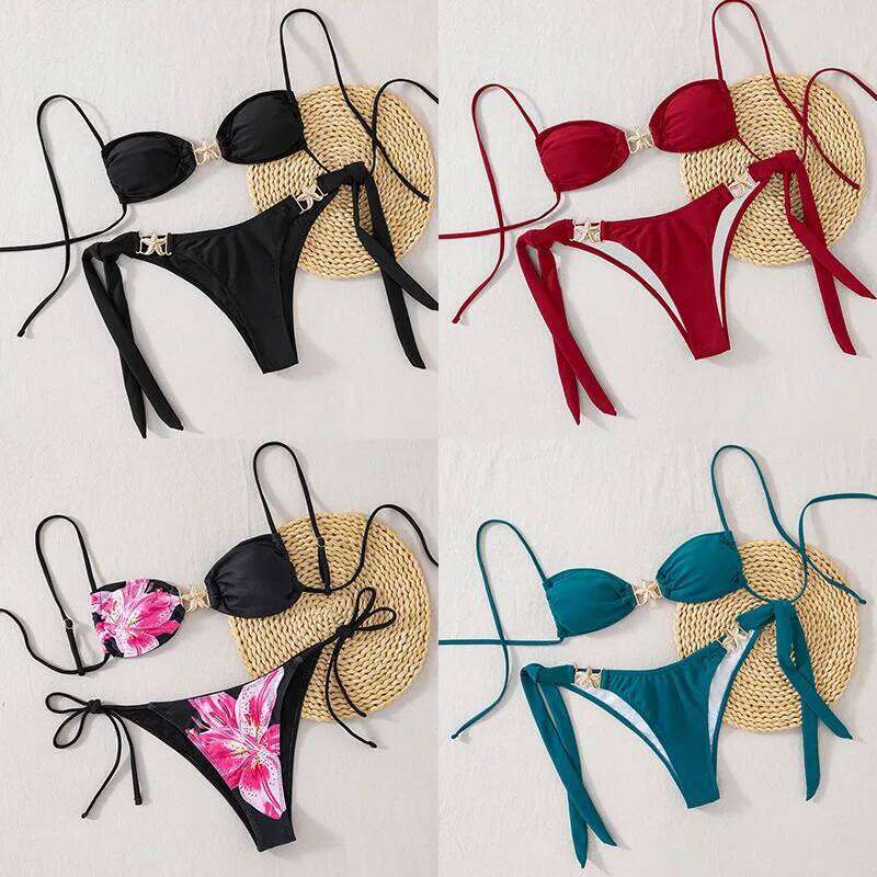 2025 Sexy Women's Bikini Set - Adjustable Tie Side Bandage Triangle Top & Low Rise Bottom with Starfish Metal Drawstring Summer Z260206