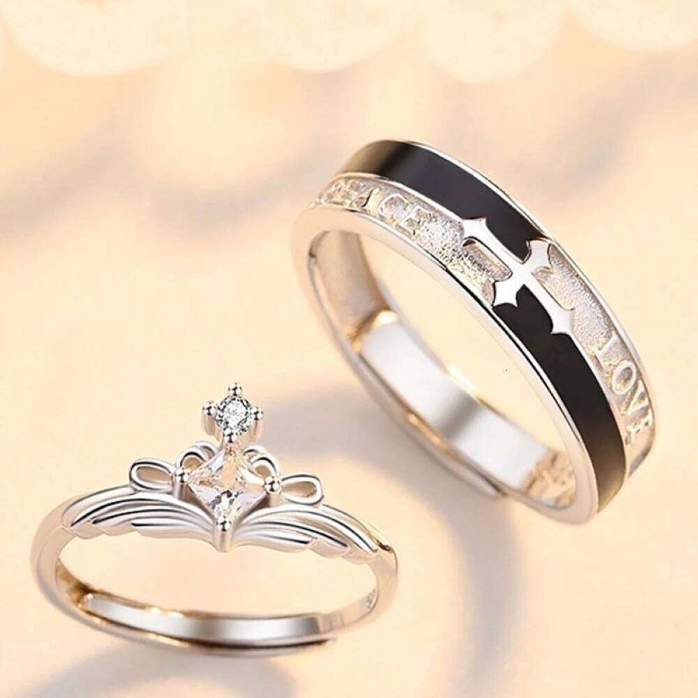 Cross Crown Letter Copper Plated Platinum Adjustable Wedding Couple Rings Overlap Opening Finger Jewelry Wholesale Drop Shipping W260206