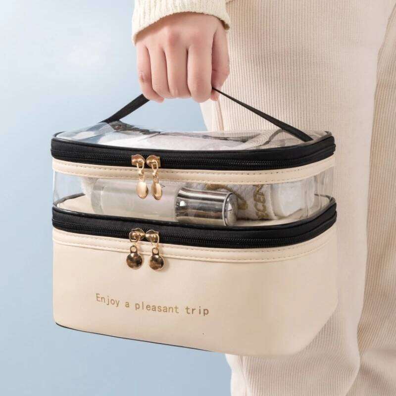 Cosmetic Double Transparent PU Portable Washing Big Capacity Makeup Waterproof Travel Toiletry Bag Storage Bags Y260206