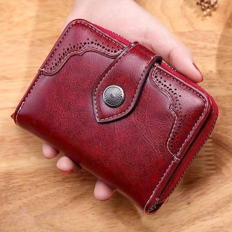 Women's Hollow Wallet Oil Wax Leather Money Clip High Quality Hasp Zipper Purse Female Clutch Coin Card Holders Bolsos Y260206