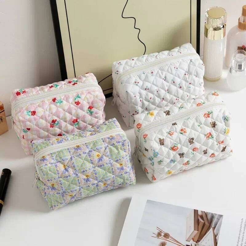 Quilted Floral Bags Zipper Cute Print Flower Storage Organizer Makeup Accessory Toiletry Women's Large Cosmetic Bag Y260206