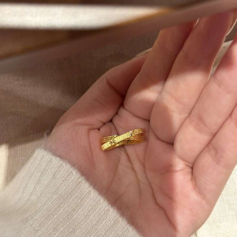 Light Luxury High-End Vintage Double Starlight Plain Circle Cross Old Money Style Versatile Exquisite Design Sense Stackable Ring