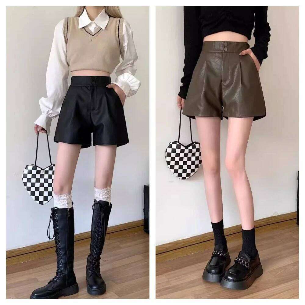 Fashion PU High Leather Black Baggy Hot Woman Short Pants Button Loose Elastic Waist Shorts Office XJ260206