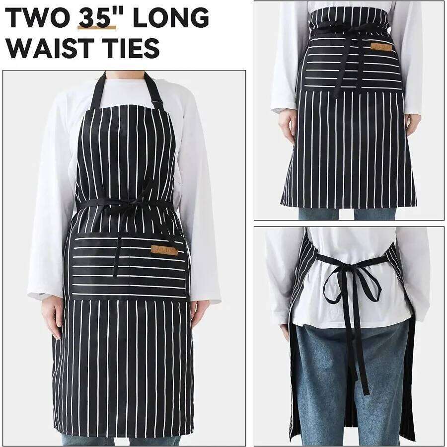 White Black Striped Man Woman Home Restaurant Kitchen Baking Nail Bib Oil Repellent Work 2 Pockets Adjustable Clean Apron S260205