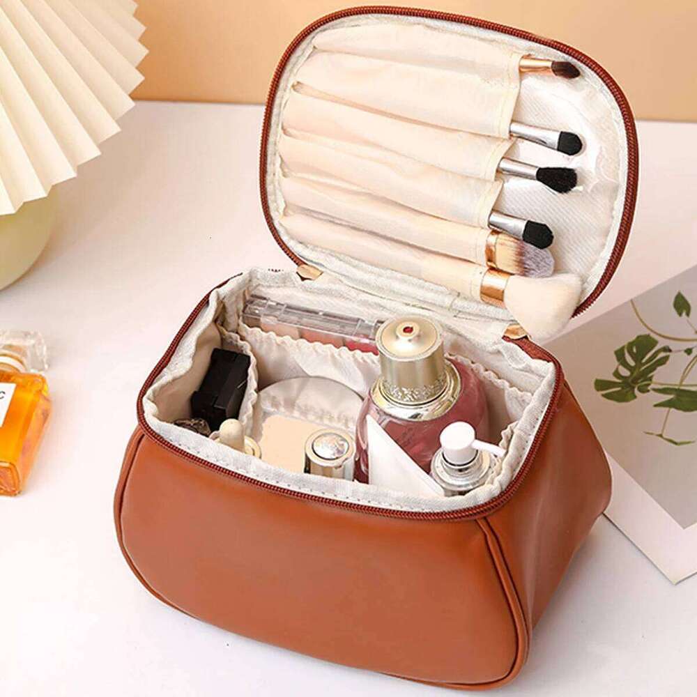 Portable PU Makeup Bag, Large Waterproof Cosmetic Pouch, Travel Washbag With Handles Y260206