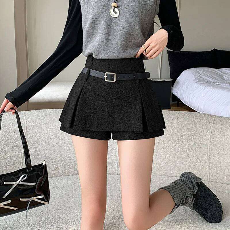 Autumn Winter Women's Woolen Mini Slimming A- Line Short Pleated Pants Skirt Pure Color Commute Style Slight Stretch XJ260206