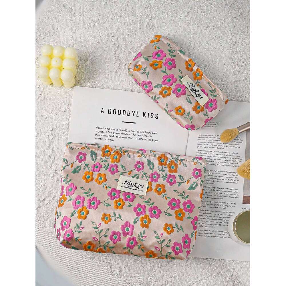 1pc/set orange pink flower cute floral multifunctional clutch bag, festival makeup bag Y260206