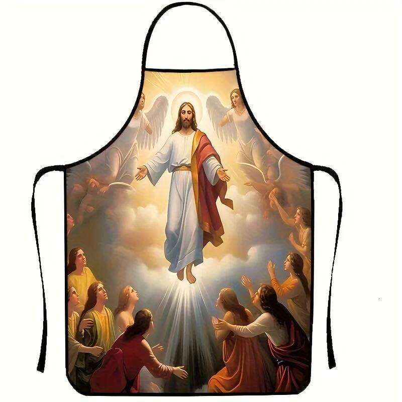 Jesus Print Polyester Apron - Vibrant Sleeveless Kitchen Bib with Ascension Design, Durable & Easy-Clean for Cooking, Grilling S260205