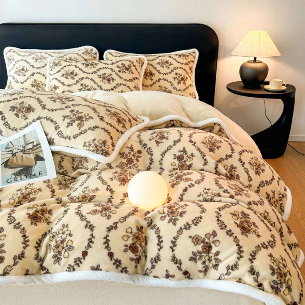 Winter Warm Milk Velvet Bedding Luxury Floral Printed Duvet Cover Pillowcase Bed Sheet Double Queen Thickened Four Piece Set XJ260206