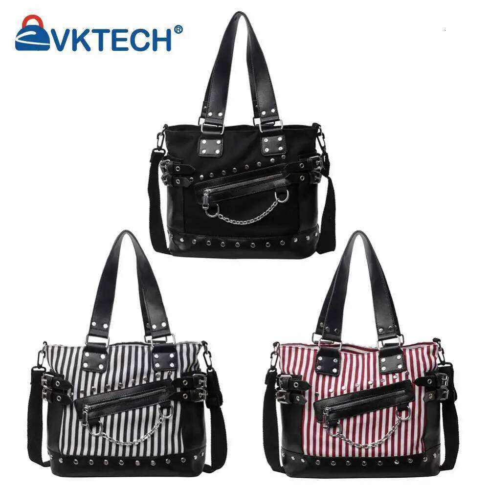 Women Rivet Shoulder Fashion Patchwork Large Capacity Canvas Tote Handbag Striped Adjustable Strap Cool Satchel Bag Y260205