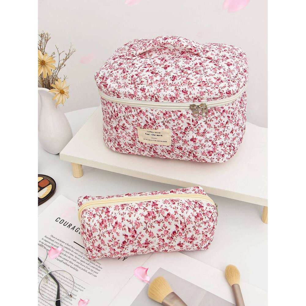 1pc/set Pink Quilted Handheld Makeup Bag, Cute Travel with Large Capacity, Portable Toiletry Bag Set Y260206