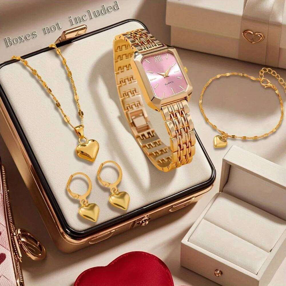 5PCS Elegant Rectangle Women Watches Heart Jewelry Set Fashion Roma Dial Ladies Analog Quartz Wristwatch Reloj MujerWithout Box Z260206