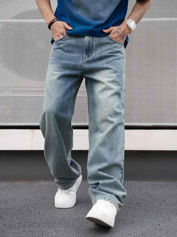 MenS Casual Straight Wash Jeans Light Blue Loose Fit Oblique Pocket Comfortable Blend Suitable For Wear 260127