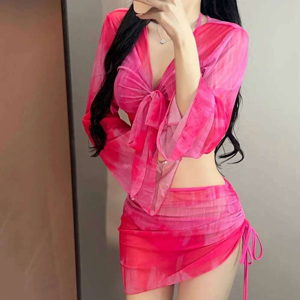 Tie Dye Bikini Mesh Long Sleeve Pleated Skirt Bathing Suit Lace-Up Crop Top 4 Piece Swimwear Set Vacation XJ260206