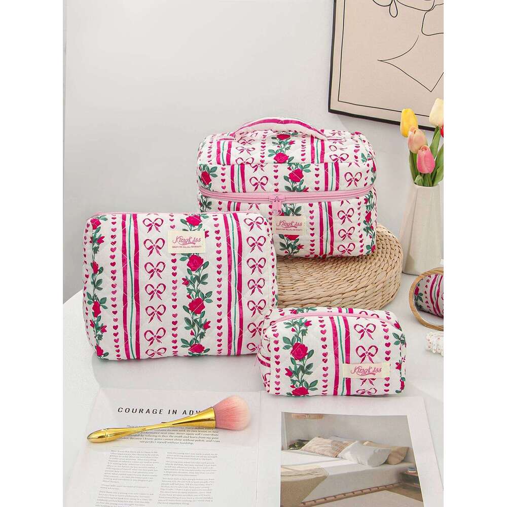 1/3PCS for Women Quilted Cotton Make Up Travel Cosmetic Large Set Cute Bow Makeup Bag Organizer Y260206