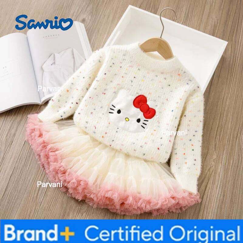 Sanrio Hello Kittys Girl Sweater Cute Cartoon Spring Autumn New Base Layer Plus Velvet Thicken Princess Dress Two Piece Set Tutu H260206 - view 3