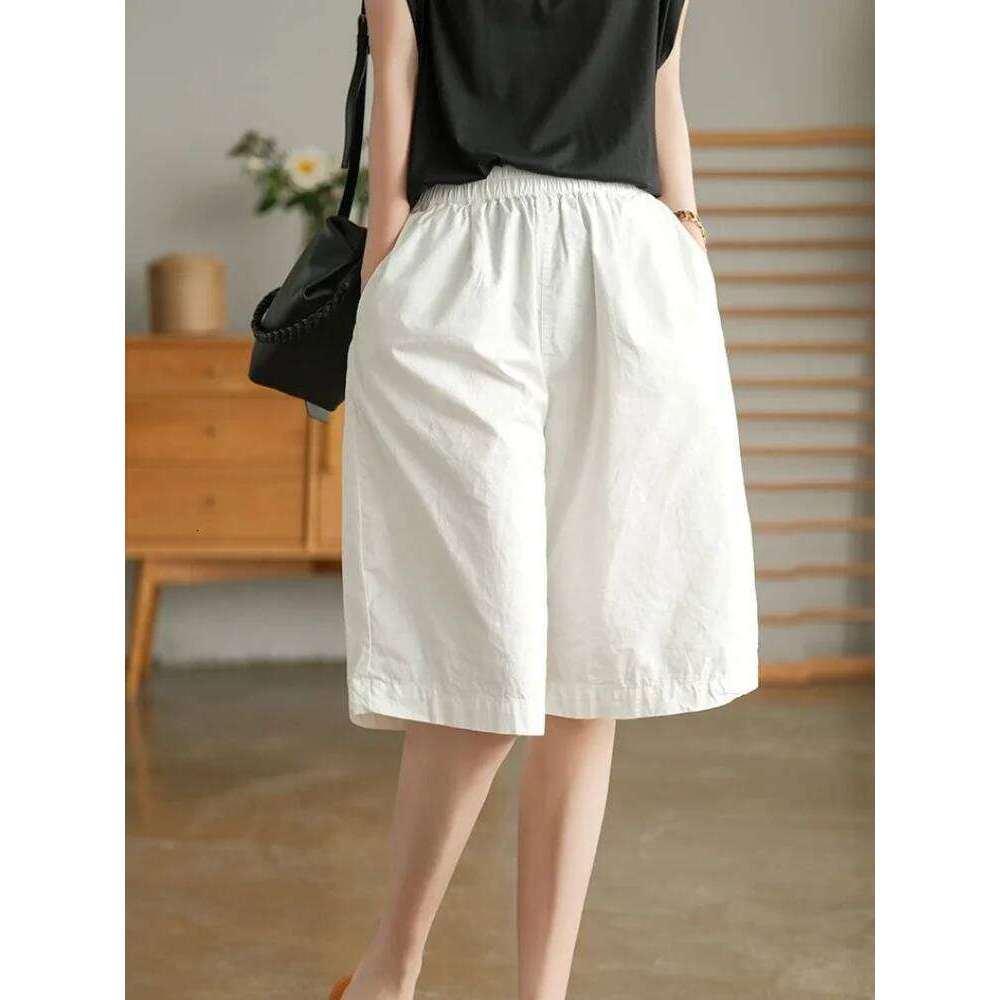 Cotton Casual Retro Elastic Waist Loose Straight White Fashion Simple Versatile Women's Shorts for Summer XJ260206