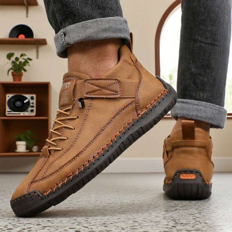 Handmade Leather Men Shoes Casual Comfortable Soft Soled High-quality Motorcycle Fashionable British Tennis Nude Boots
