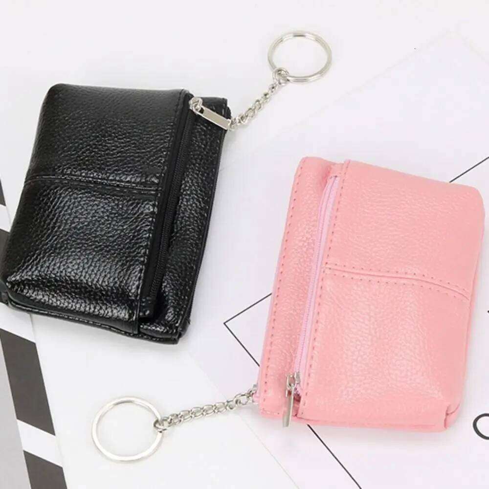 Portable PU Coin Purse Zipper with Keychain Leather Purses Mini Solid Color Small Wallet Y260206
