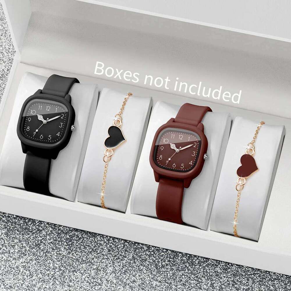 2/4PCS Fashion Square Silicone Strap Women Wristwatch With Heart Bracelet Set Reloj Mujer Girls Clock GiftWithout Box Z260206
