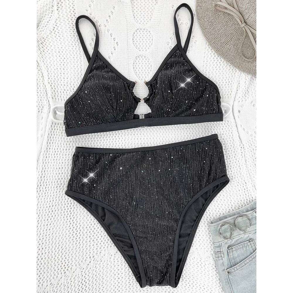 Glitter Sparkling Cut Out Female Swimsuit High Waist Women Swimwear Two-pieces Bikini Set Trend Bathing Suit Swim Lady XJ260206