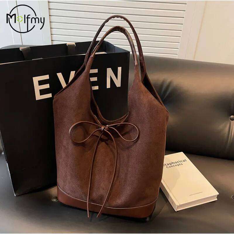 Vintage Women's Bags Frosted Large Capacity School Shoulder Autumn Winter Faux Suede Tote Bucket Bag Lady Commuter Handbags Y260205