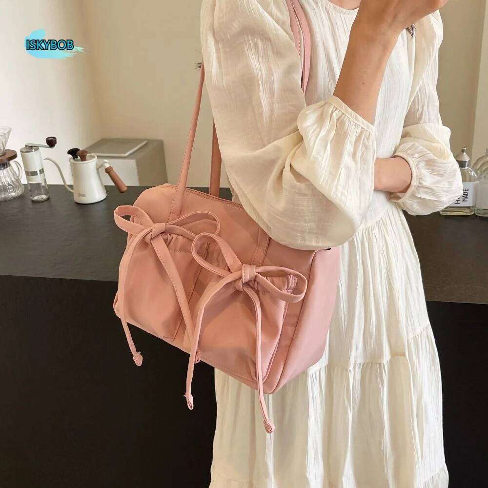 Simple Bowknot Bow Nylon Tote Korean Style Canvas Pleated Shoulder Handbag Large Capacity Armpit Bag Girls Y260205