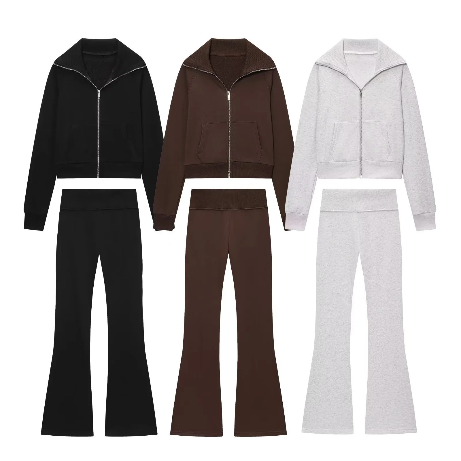 2025 Autumn Womens Casual Lapel LongSleeved Zipper Fleece Jacket HighWaisted Terry Flared Trousers 260126