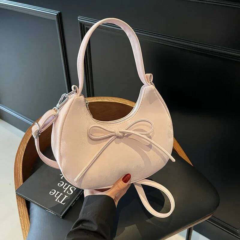 2025 New High Quality Fashion Solid Color Pu Zipper Shoulder Bow Decoration Sewing Thread Crossbody Bags for Women Y260205