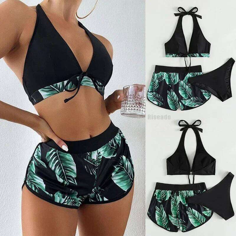 Sexy Beach Bikinis Three Pieces Bikini Set High Waist Swimsuit Swimwear Leaf Print Bathing Women Beachwear Bath Suit Z260206