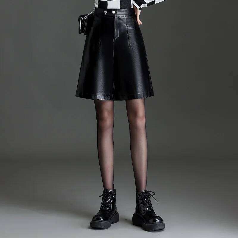 ZUZK PU Leather For Women Loose Autumn Winter Motorcycle Punk High Waist Fashion Bermuda Shorts Femme XJ260206