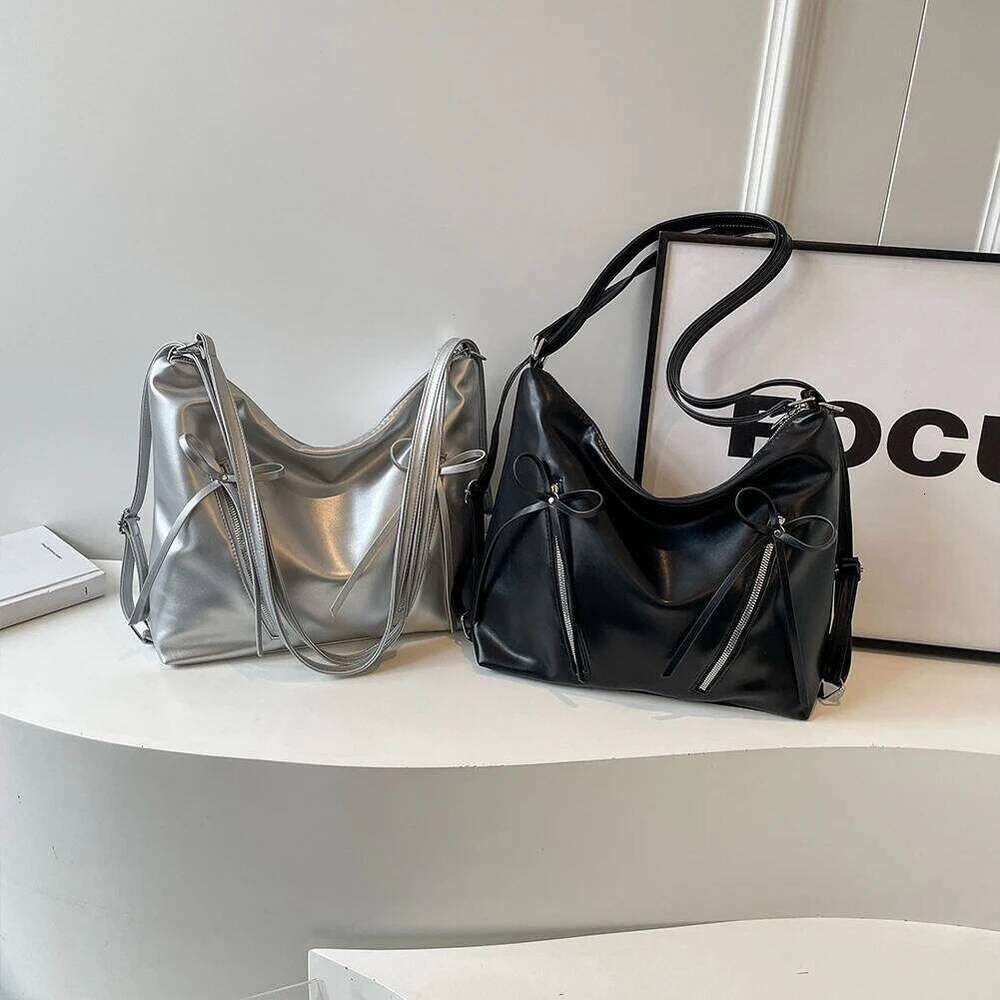 Cute Bow Designer Tote PU Leather Trendy Crossbody Bag Solid Color Casual Daypack with Zipper Satchel Purse for Women Y260205