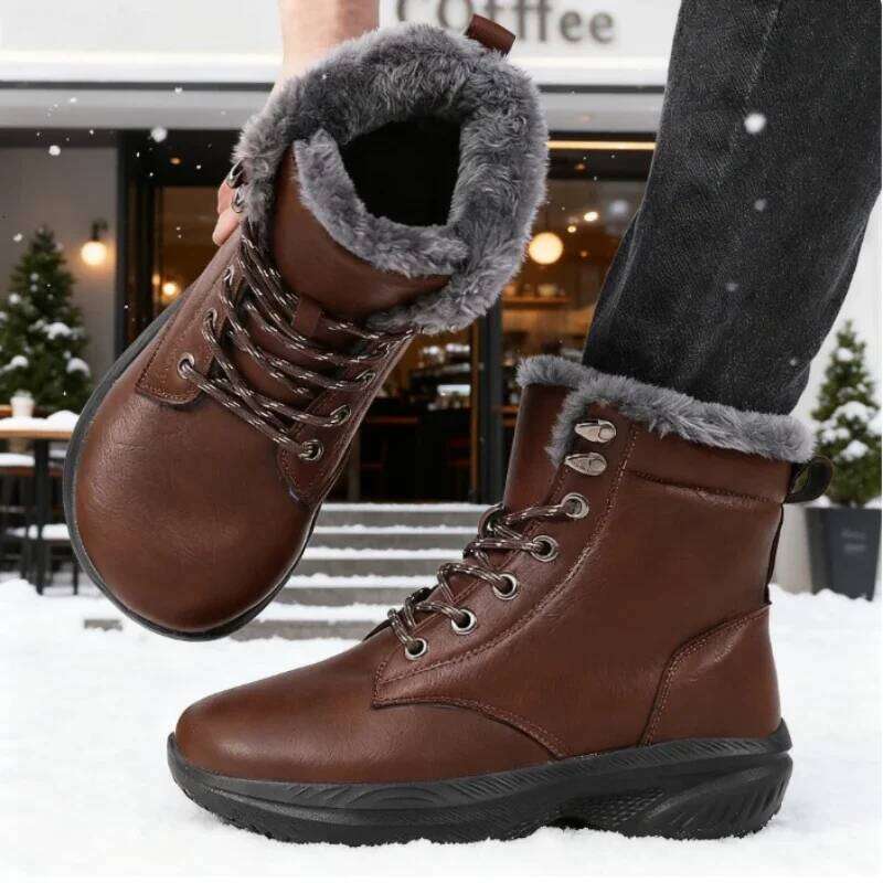 Popular Men's Winter Snow Warm Fur Lined Ankle Non-Slip Platform Boots Fashion Lace-Up Wide Toe Outdoor Sneakers Men